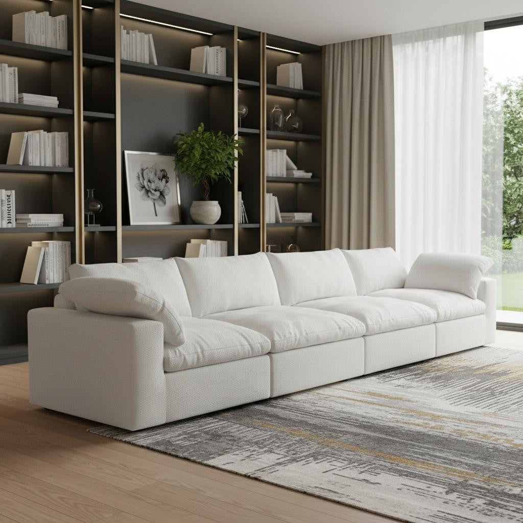 160" White Linen Blend Modular Sofa With Toss Pillows - Living Room