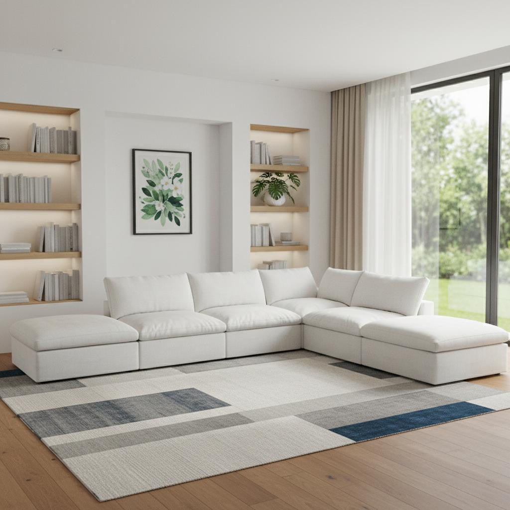 160" White Linen Blend Modular Armless Sofa With Ottomans And Storage - Living Room