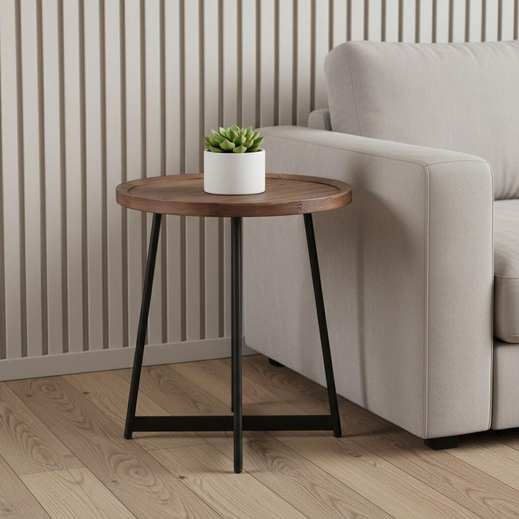 22" Brown and Black Wood and Steel Round Cross Legs End Table - Living Room