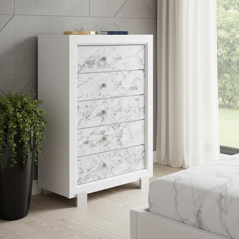Modern White Chest With 5 Faux Marble Detailed Front Drawer. - Bed & Bath
