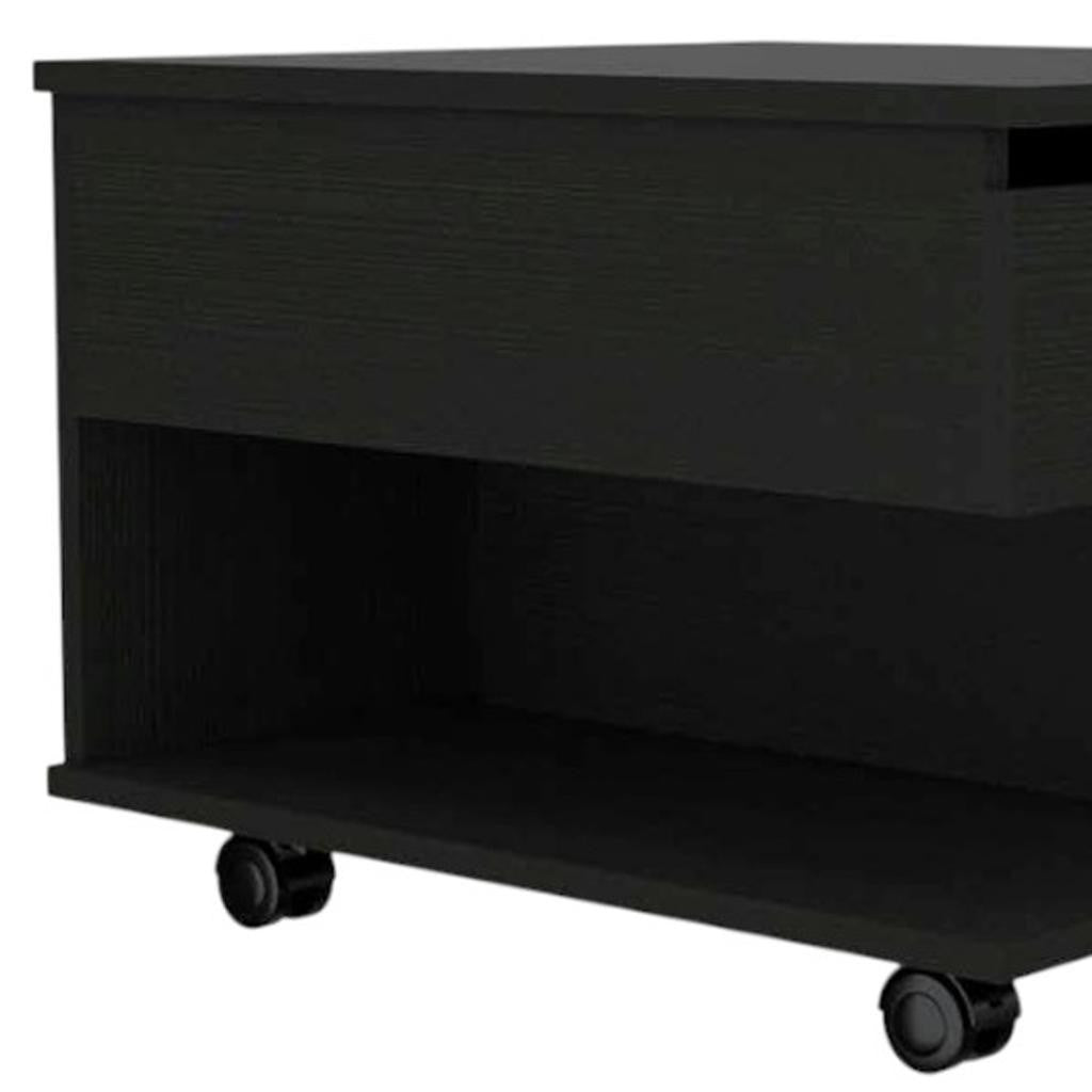 Charcoal wood lift-top coffee table with enclosed base and four caster wheels