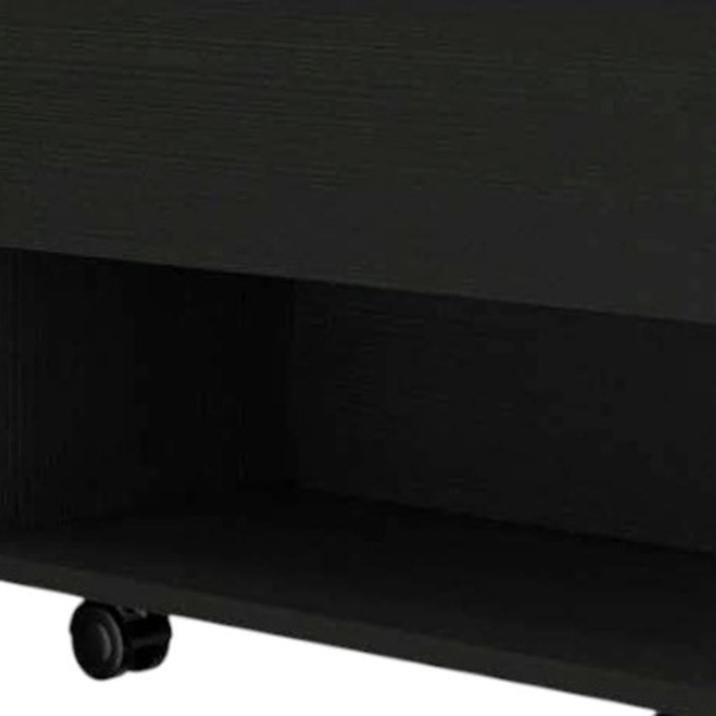 Charcoal lift-top coffee table base with caster wheels underneath