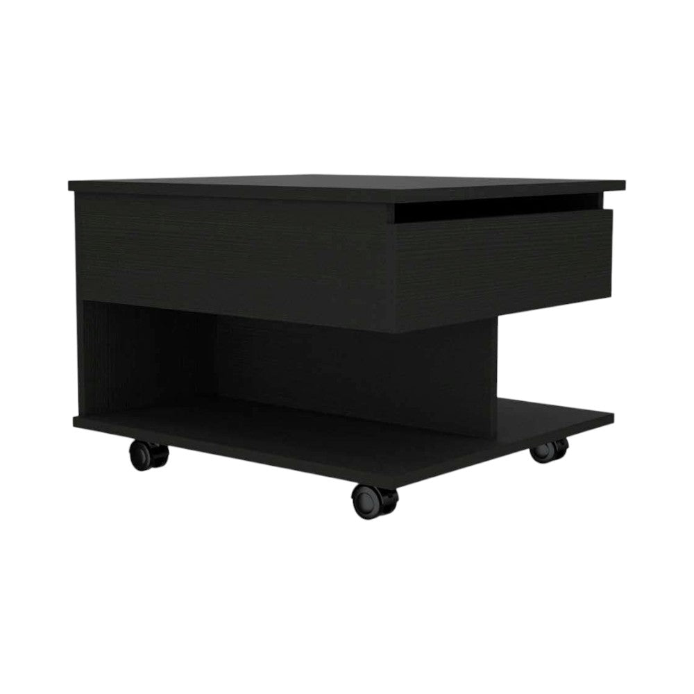 Charcoal wood lift-top coffee table with open storage shelf and caster wheels
