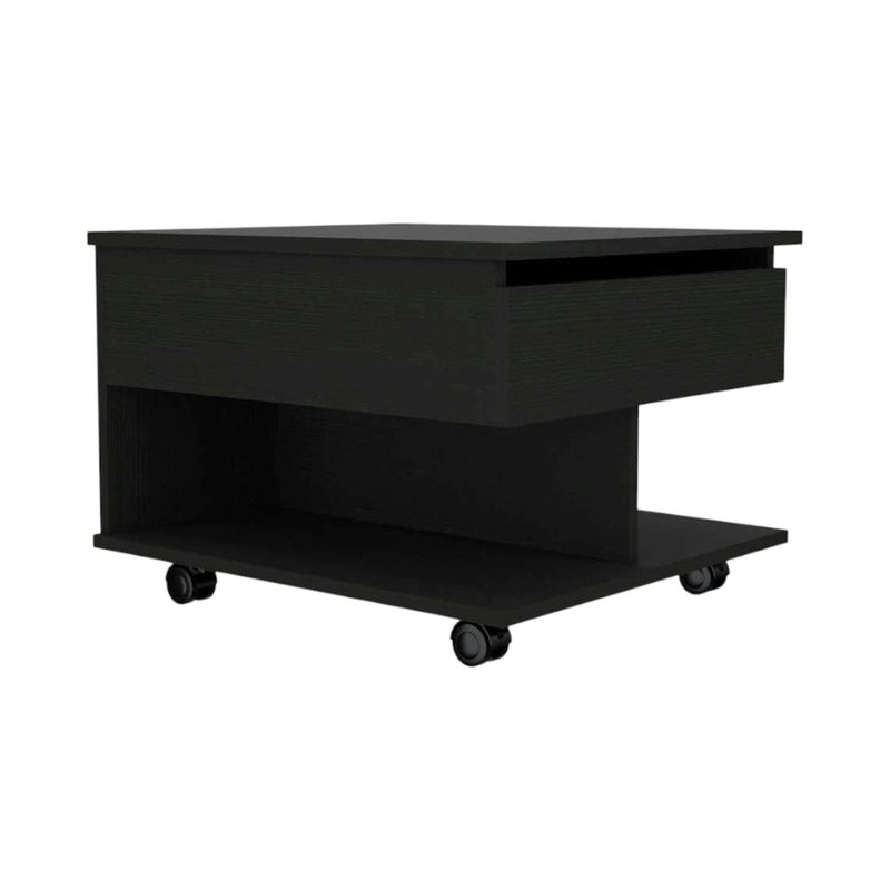 Charcoal wood lift-top coffee table with open storage shelf and caster wheels