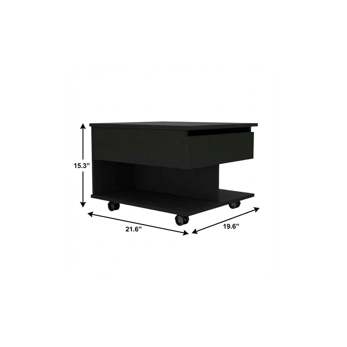 Charcoal wood lift-top coffee table dimensions: 21.6"W x 19.6"D x 15.3"H