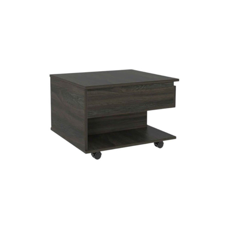 Espresso wood lift-top coffee table with open shelf and rolling casters