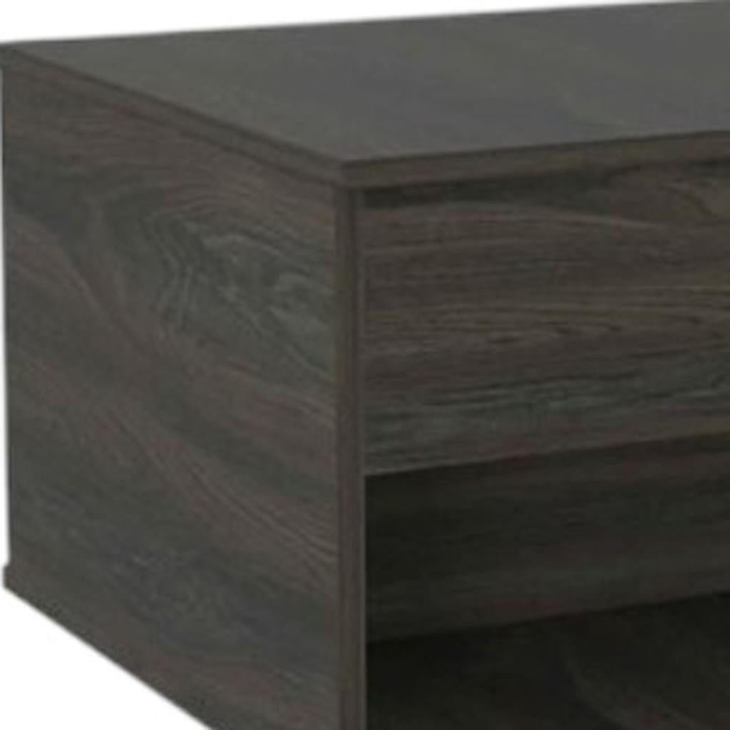 Espresso wood lift-top coffee table side with open lower shelf and casters