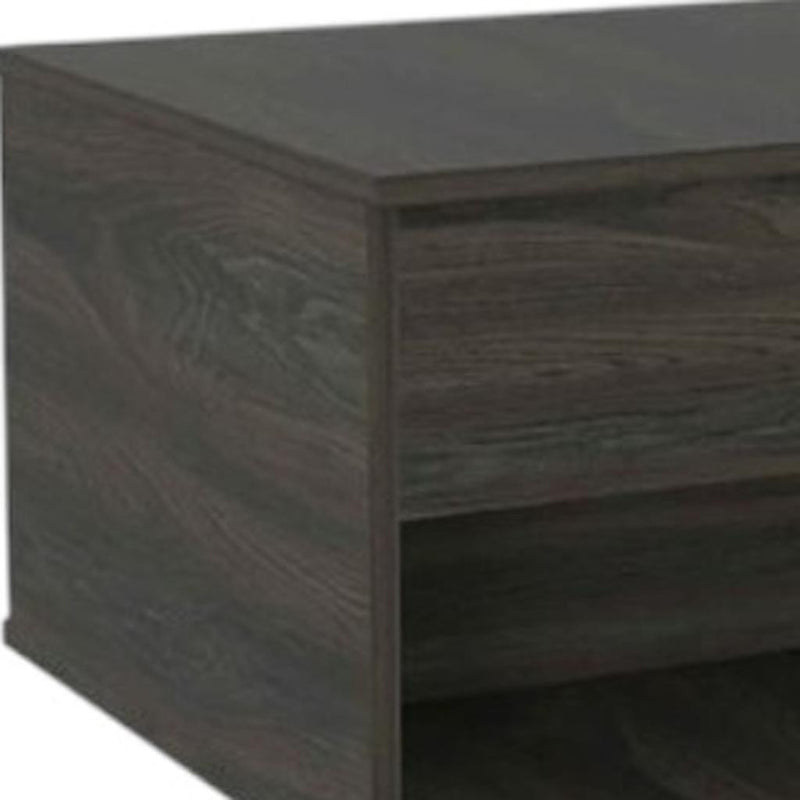 Espresso wood lift-top coffee table side with open lower shelf and casters