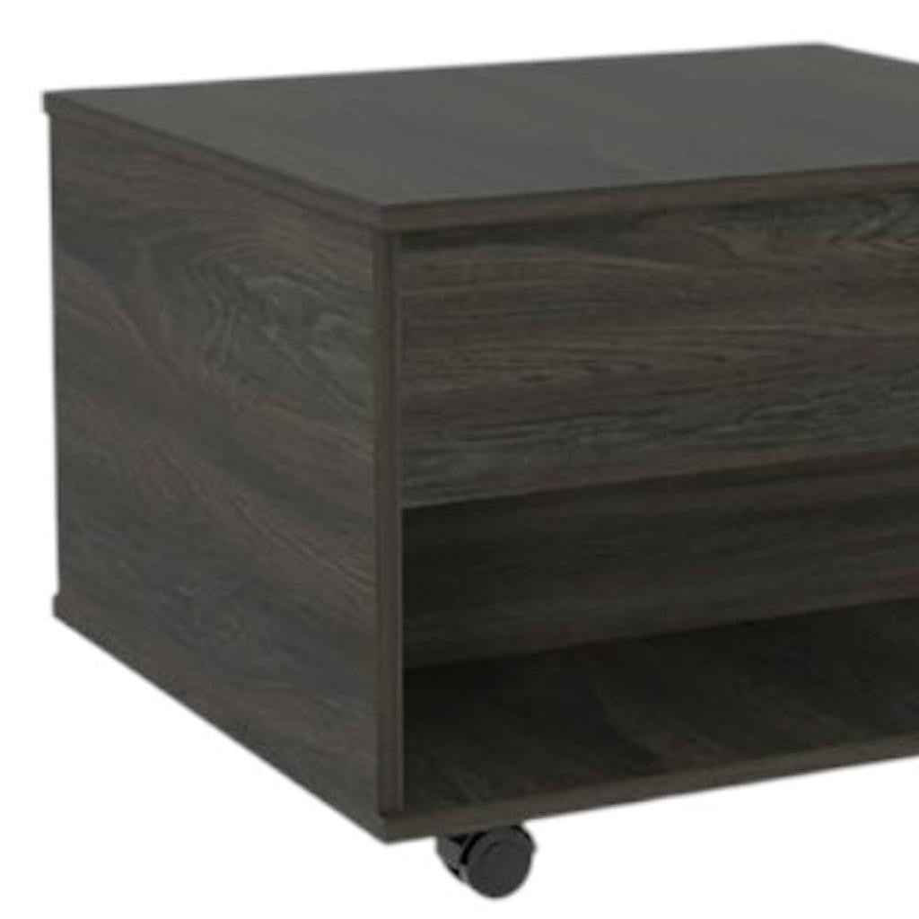 Dark espresso lift-top coffee table with lower open shelf and caster wheels