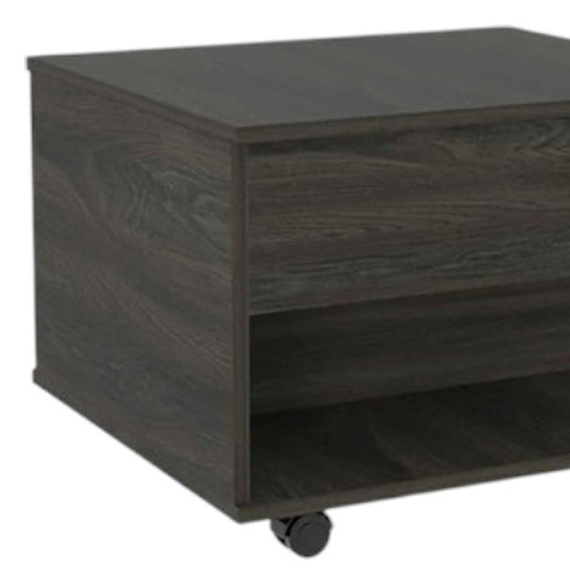 Dark espresso lift-top coffee table with lower open shelf and caster wheels