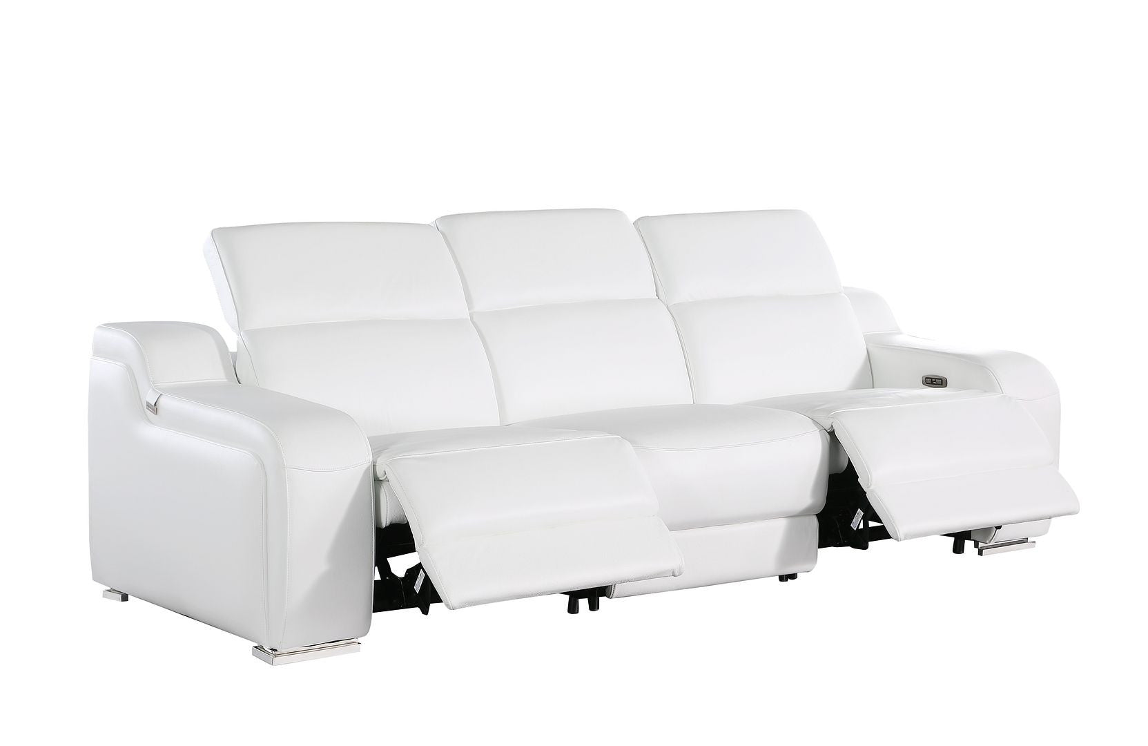 100" White Italian Leather Reclining USB Sofa - Living Room