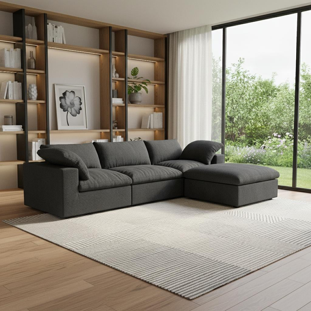 118" Black Linen Blend Modular Sofa With Ottoman And Storage - Living Room