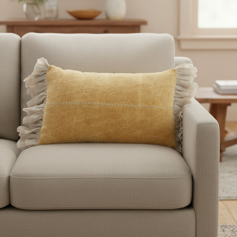 Wide Tasseled Marble Yellow Lumbar Pillow - Home Decor