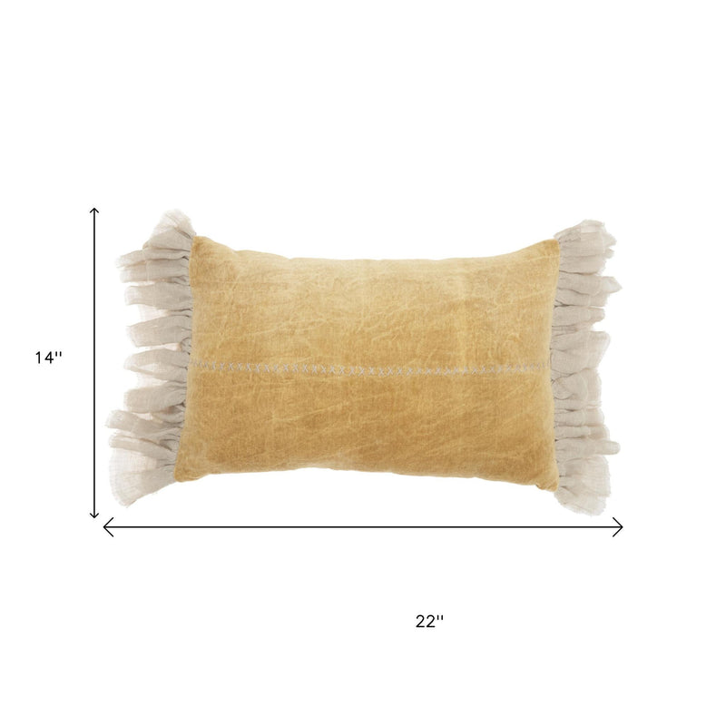 Wide Tasseled Marble Yellow Lumbar Pillow - Home Decor