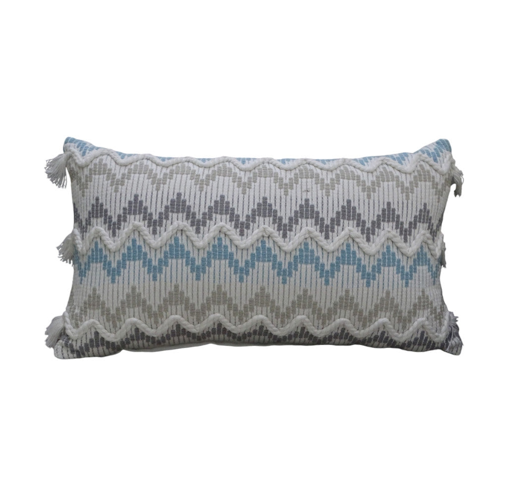 14" X 24" White Gray and Blue Chevron Cotton Lumbar Throw Pillow With Tassels and Texture - Home Decor