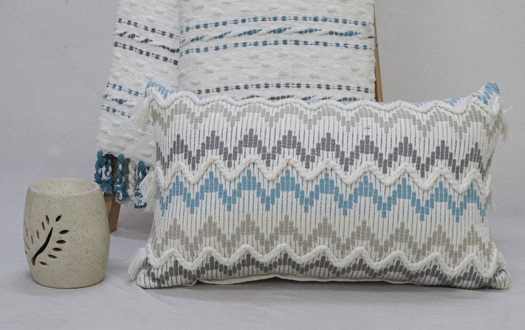 14" X 24" White Gray and Blue Chevron Cotton Lumbar Throw Pillow With Tassels and Texture - Home Decor
