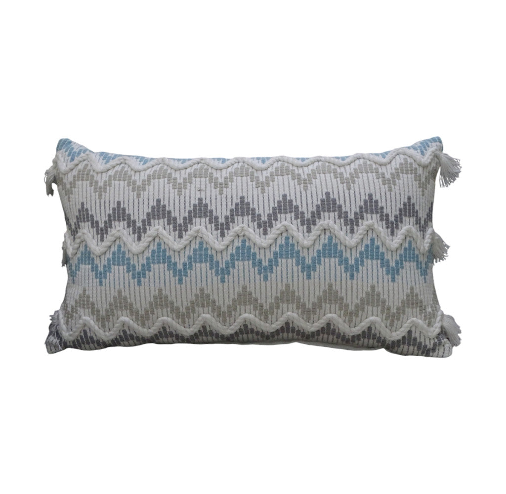14" X 24" White Gray and Blue Chevron Cotton Lumbar Throw Pillow With Tassels and Texture - Home Decor