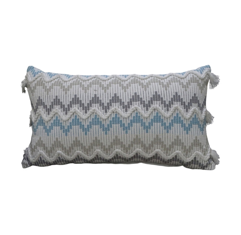 14" X 24" White Gray and Blue Chevron Cotton Lumbar Throw Pillow With Tassels and Texture - Home Decor