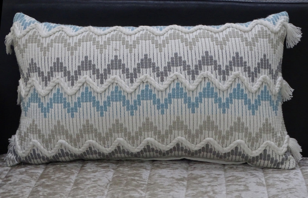 14" X 24" White Gray and Blue Chevron Cotton Lumbar Throw Pillow With Tassels and Texture - Home Decor