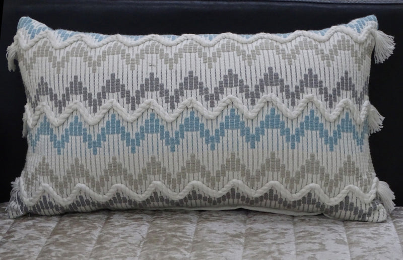 14" X 24" White Gray and Blue Chevron Cotton Lumbar Throw Pillow With Tassels and Texture - Home Decor