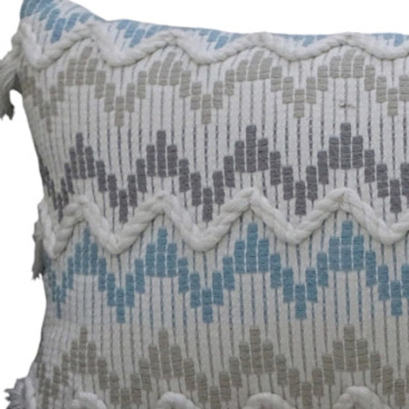 14" X 24" White Gray and Blue Chevron Cotton Lumbar Throw Pillow With Tassels and Texture - Home Decor