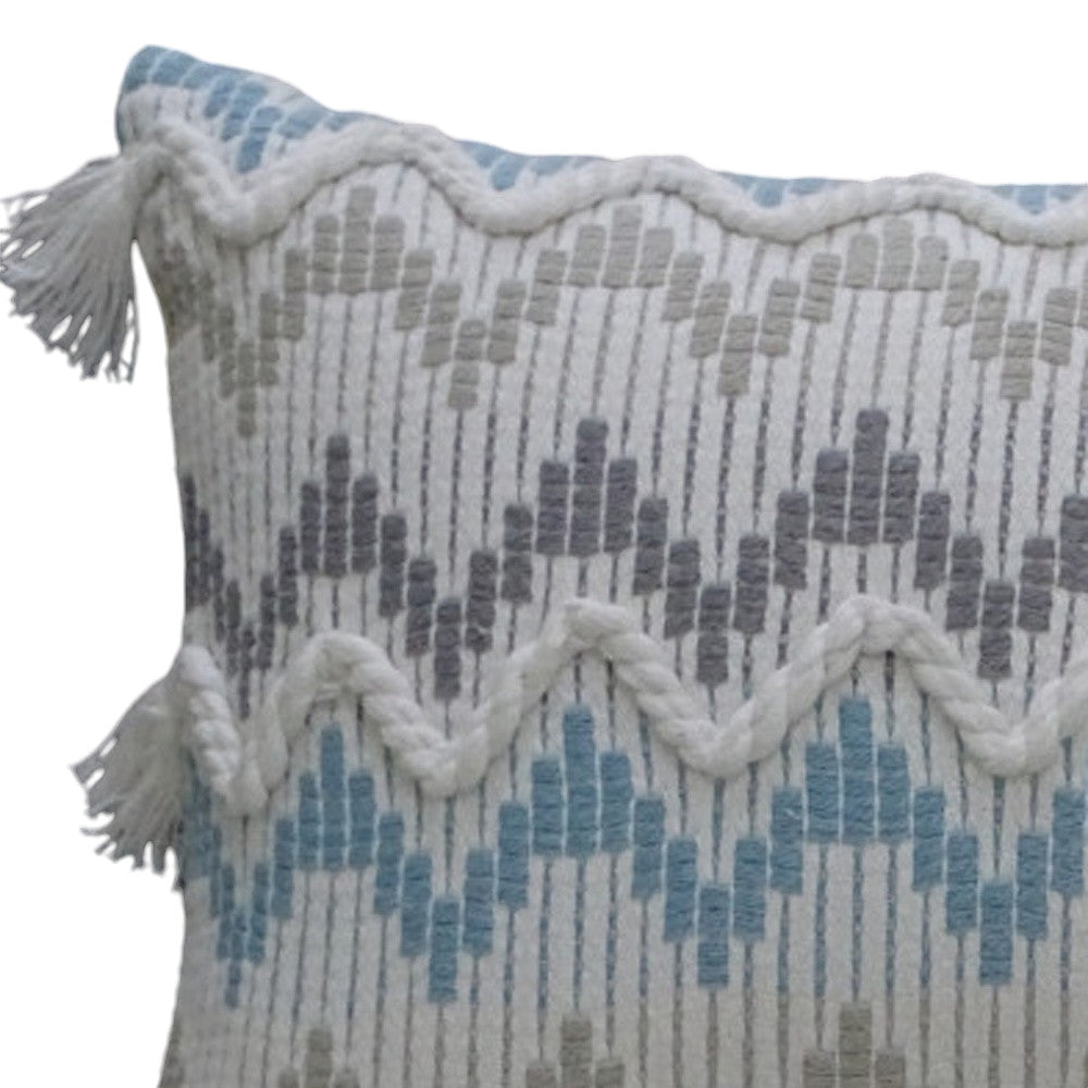 14" X 24" White Gray and Blue Chevron Cotton Lumbar Throw Pillow With Tassels and Texture - Home Decor