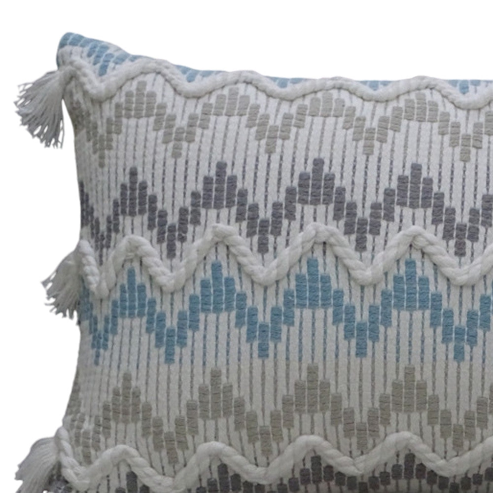 14" X 24" White Gray and Blue Chevron Cotton Lumbar Throw Pillow With Tassels and Texture - Home Decor