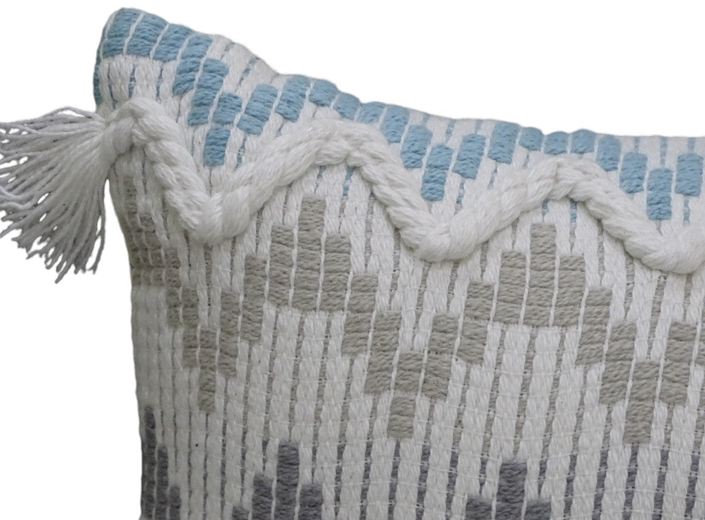 14" X 24" White Gray and Blue Chevron Cotton Lumbar Throw Pillow With Tassels and Texture - Home Decor