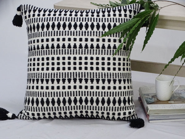 22" Black and White Southwestern Cotton Blend Throw Pillow With Tassels - Home Decor