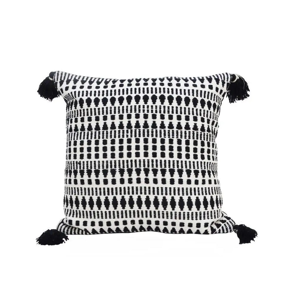 22" Black and White Southwestern Cotton Blend Throw Pillow With Tassels - Home Decor