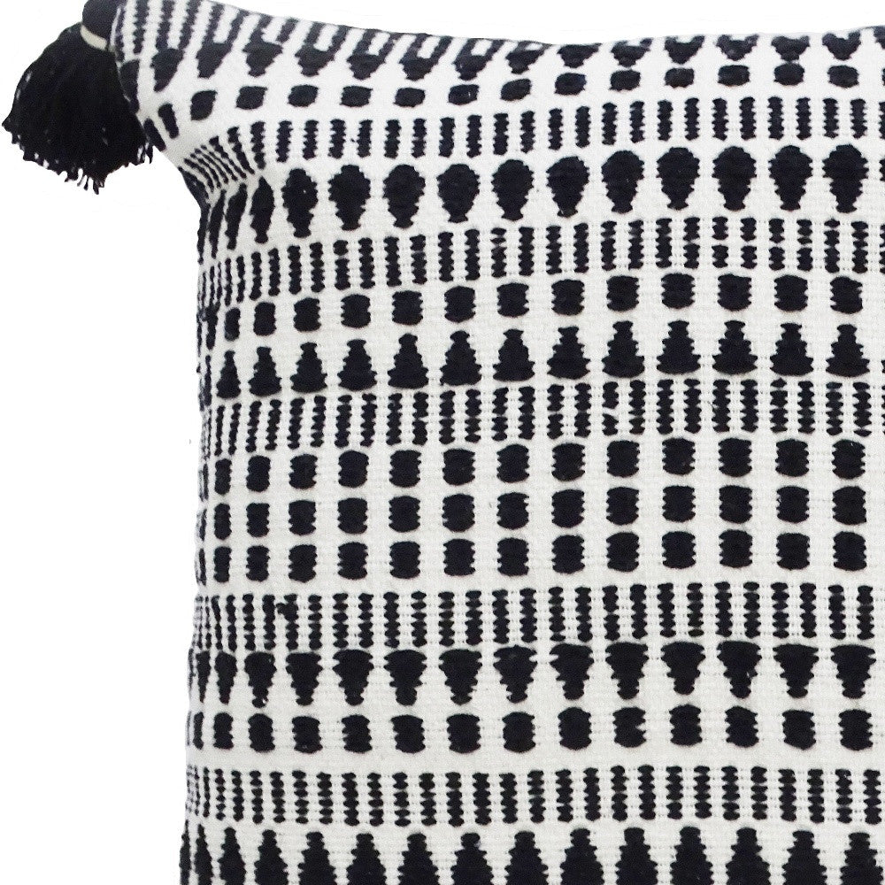 22" Black and White Southwestern Cotton Blend Throw Pillow With Tassels - Home Decor