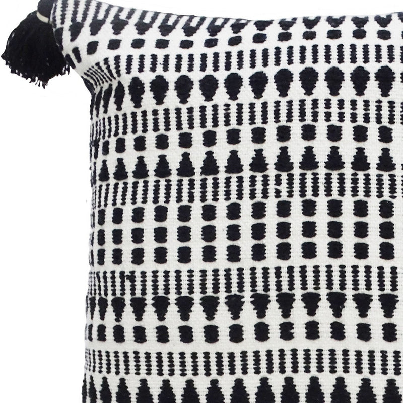 22" Black and White Southwestern Cotton Blend Throw Pillow With Tassels - Home Decor