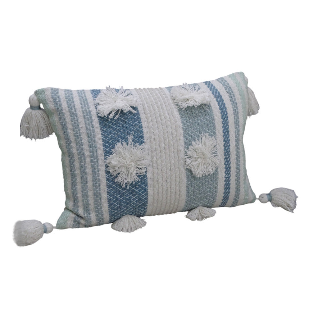 14" X 20" Cream and Blue Striped Cotton Blend Lumbar Throw Pillow With Pom-poms and Tassels - Home Decor