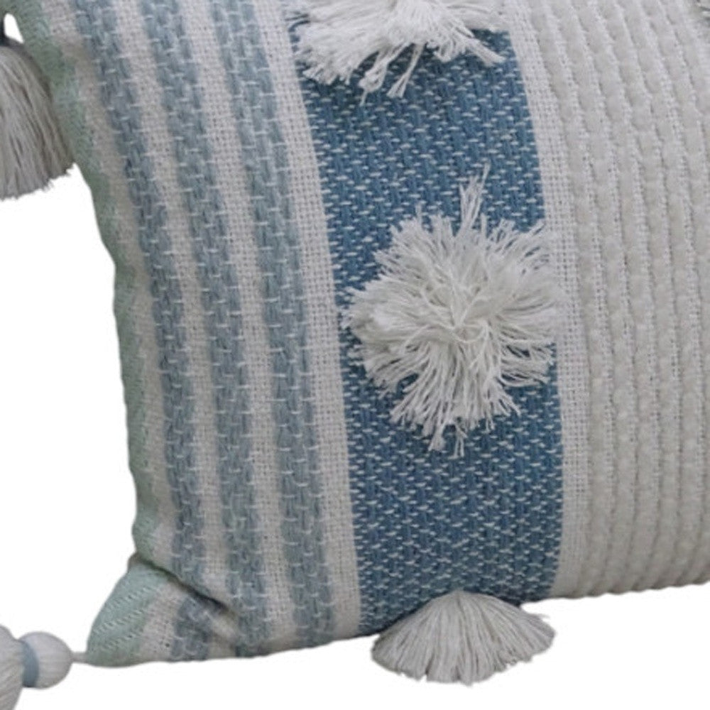 14" X 20" Cream and Blue Striped Cotton Blend Lumbar Throw Pillow With Pom-poms and Tassels - Home Decor