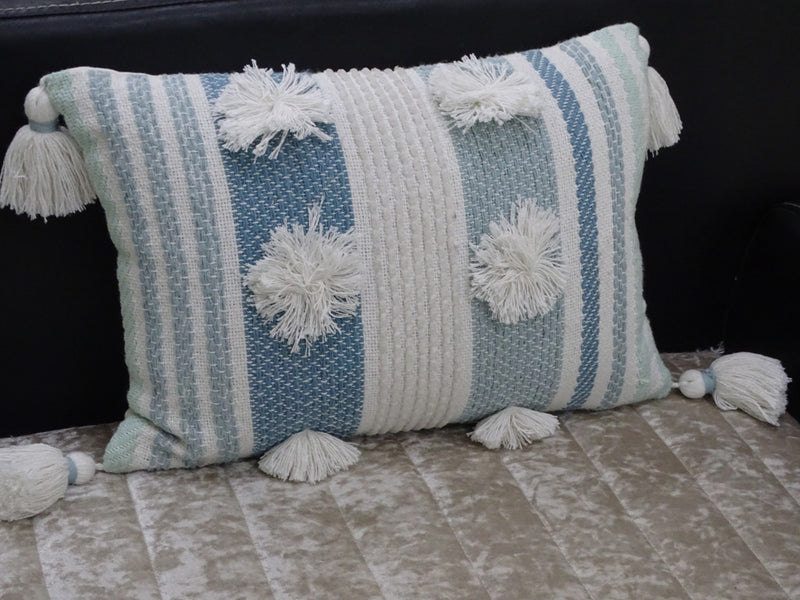 14" X 20" Cream and Blue Striped Cotton Blend Lumbar Throw Pillow With Pom-poms and Tassels - Home Decor