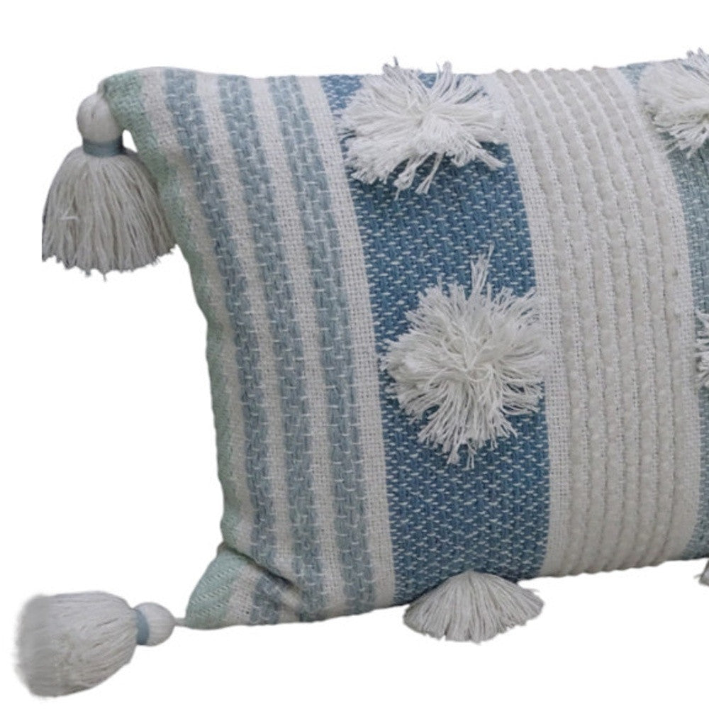 14" X 20" Cream and Blue Striped Cotton Blend Lumbar Throw Pillow With Pom-poms and Tassels - Home Decor