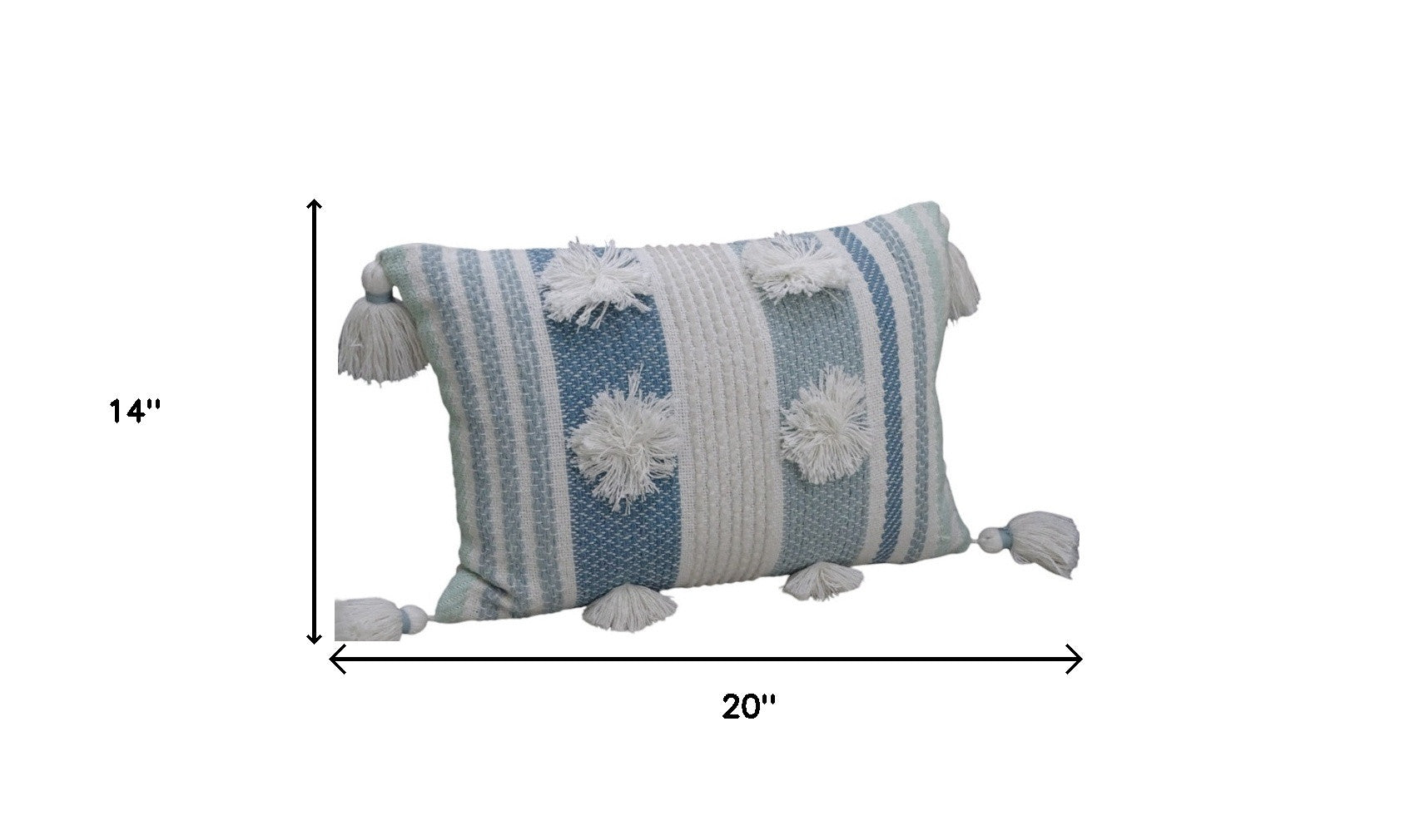 14" X 20" Cream and Blue Striped Cotton Blend Lumbar Throw Pillow With Pom-poms and Tassels - Home Decor
