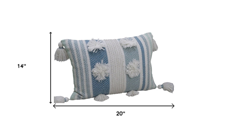 14" X 20" Cream and Blue Striped Cotton Blend Lumbar Throw Pillow With Pom-poms and Tassels - Home Decor