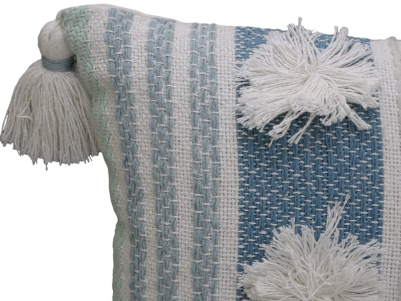 14" X 20" Cream and Blue Striped Cotton Blend Lumbar Throw Pillow With Pom-poms and Tassels - Home Decor