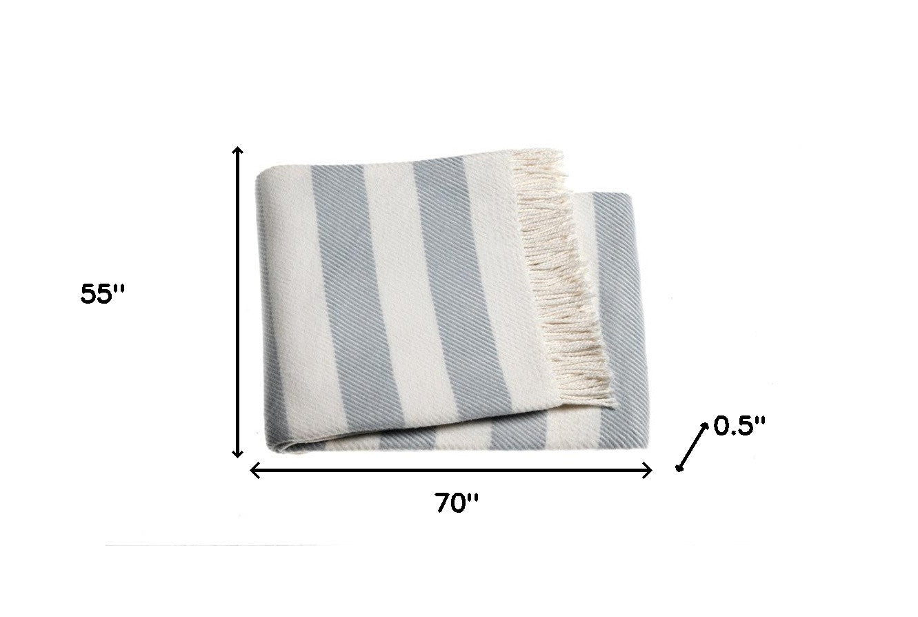 Cream and Sky Blue Slanted Stripe Fringed Throw Blanket - Home Decor