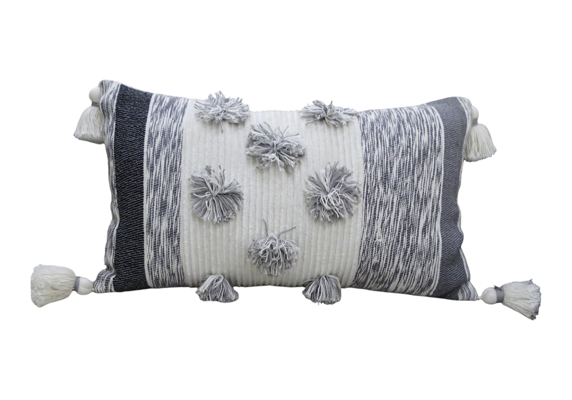 14" X 24" White and Gray Striped Cotton Blend Lumbar Throw Pillow With Pom-poms and Tassels - Home Decor