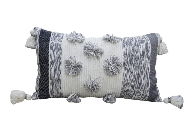 14" X 24" White and Gray Striped Cotton Blend Lumbar Throw Pillow With Pom-poms and Tassels - Home Decor