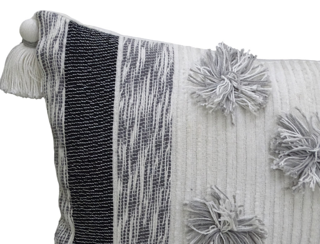 14" X 24" White and Gray Striped Cotton Blend Lumbar Throw Pillow With Pom-poms and Tassels - Home Decor