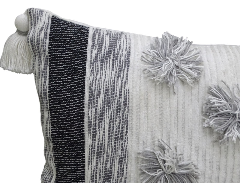14" X 24" White and Gray Striped Cotton Blend Lumbar Throw Pillow With Pom-poms and Tassels - Home Decor