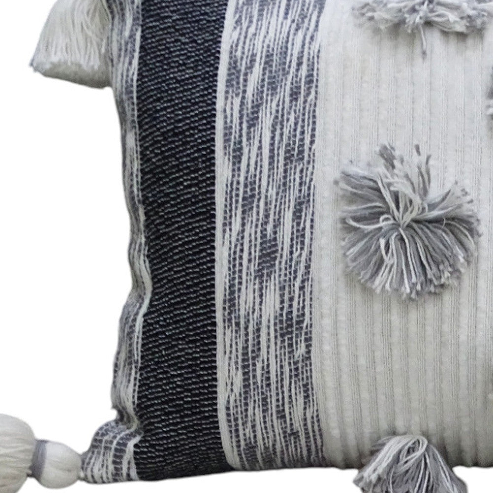 14" X 24" White and Gray Striped Cotton Blend Lumbar Throw Pillow With Pom-poms and Tassels - Home Decor