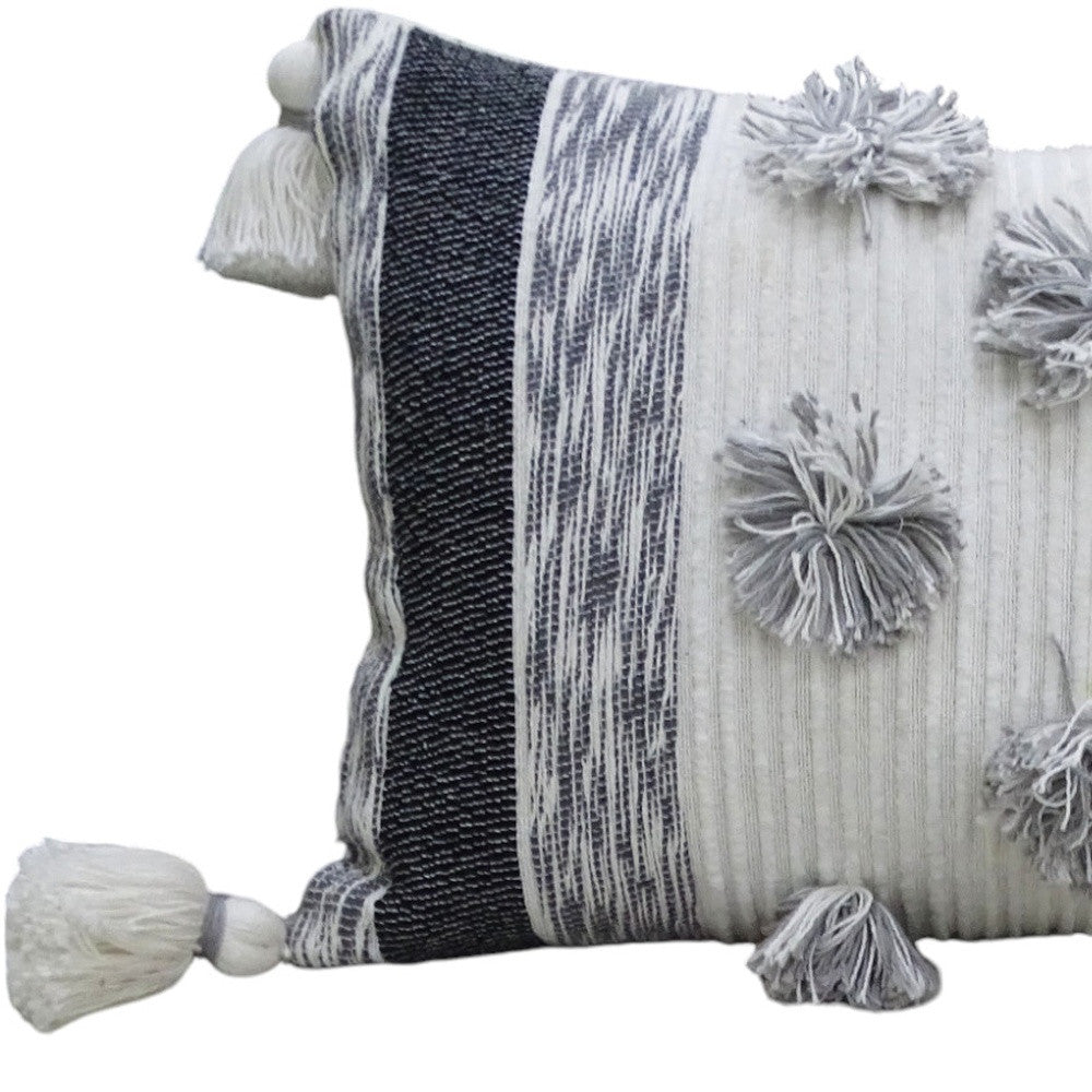 14" X 24" White and Gray Striped Cotton Blend Lumbar Throw Pillow With Pom-poms and Tassels - Home Decor