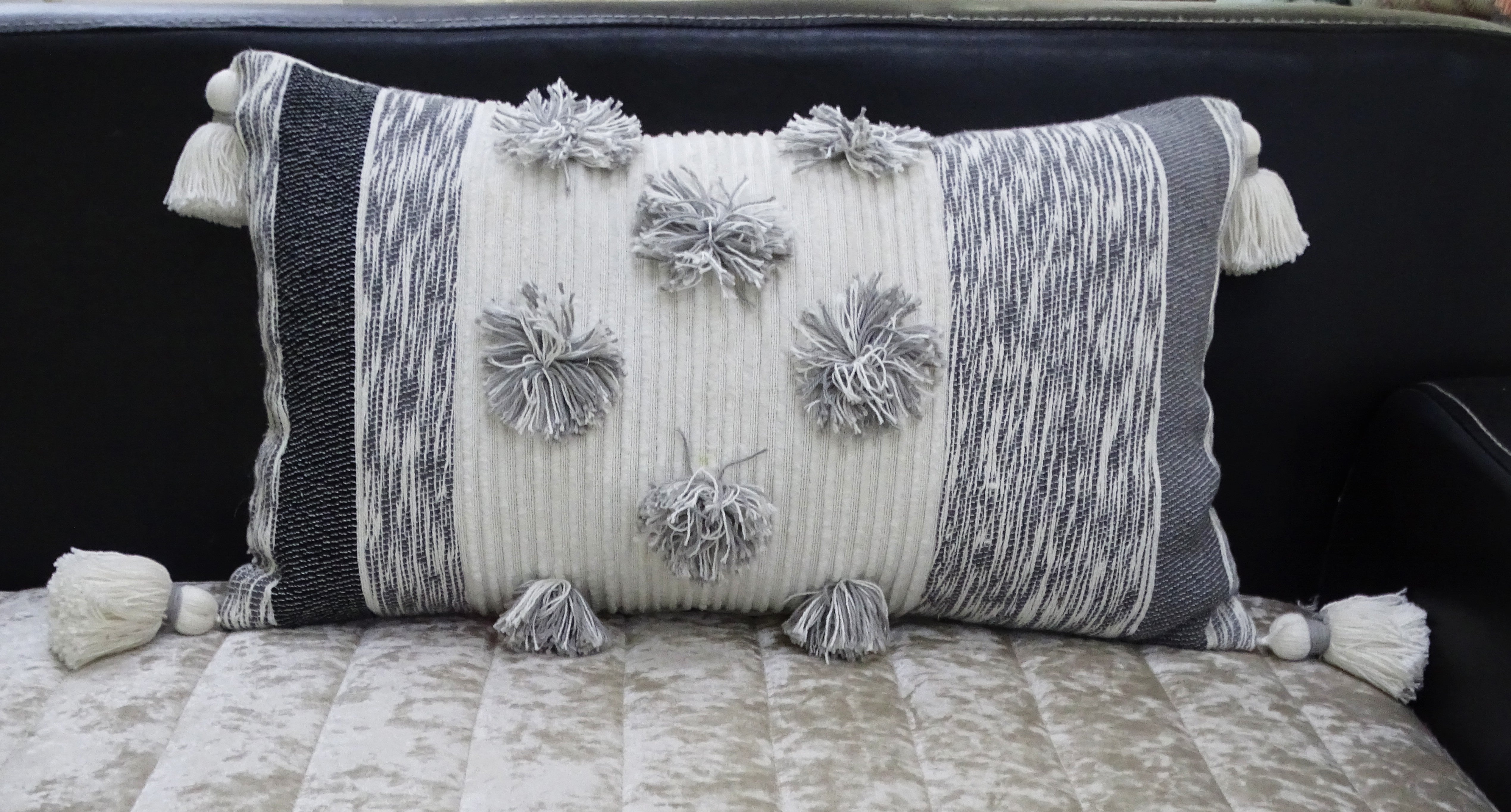 14" X 24" White and Gray Striped Cotton Blend Lumbar Throw Pillow With Pom-poms and Tassels - Home Decor