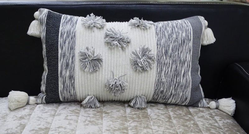 14" X 24" White and Gray Striped Cotton Blend Lumbar Throw Pillow With Pom-poms and Tassels - Home Decor