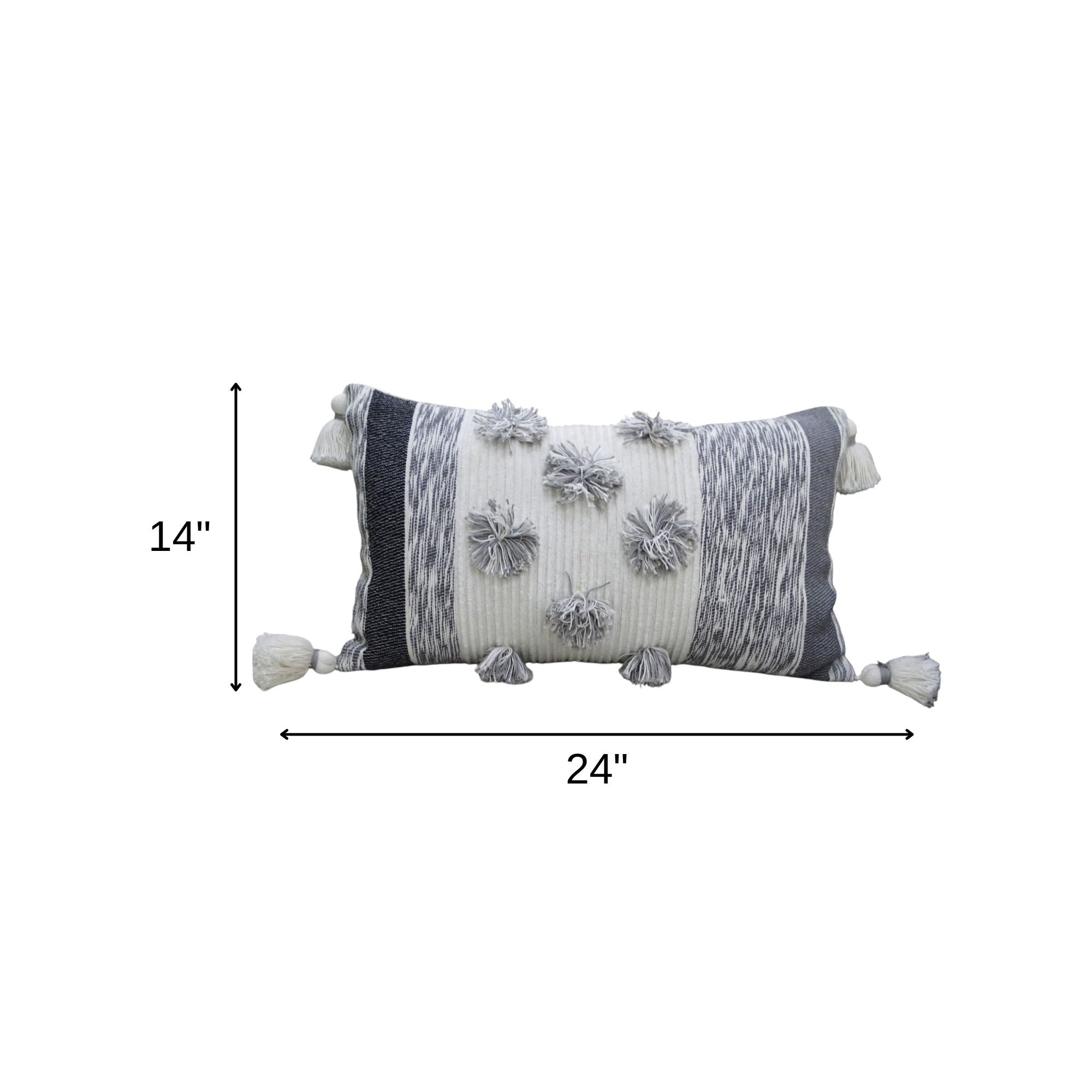 14" X 24" White and Gray Striped Cotton Blend Lumbar Throw Pillow With Pom-poms and Tassels - Home Decor