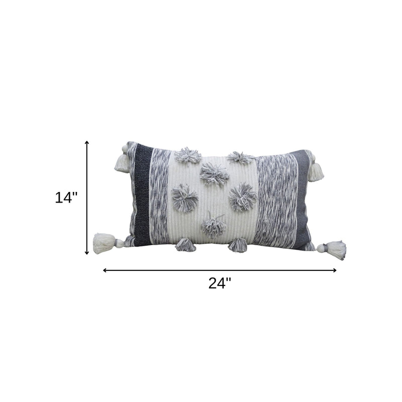 14" X 24" White and Gray Striped Cotton Blend Lumbar Throw Pillow With Pom-poms and Tassels - Home Decor